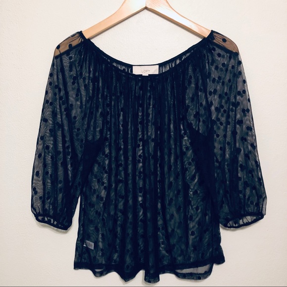 LOFT Tops - Ann Taylor LOFT Sheer Black on Black Nylon Spandex Polka Dot Top